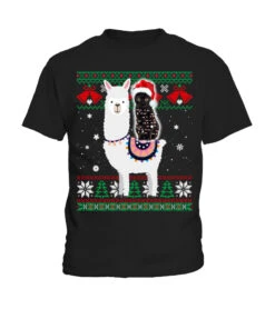 Black Cat Riding Llama Christmas Light And Santa Hat T-Shirt